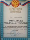 Почетная грамота за добросовестный труд, высокий профессионализм и активное участие в концертах и конкурсах различного уровня 2015 г..